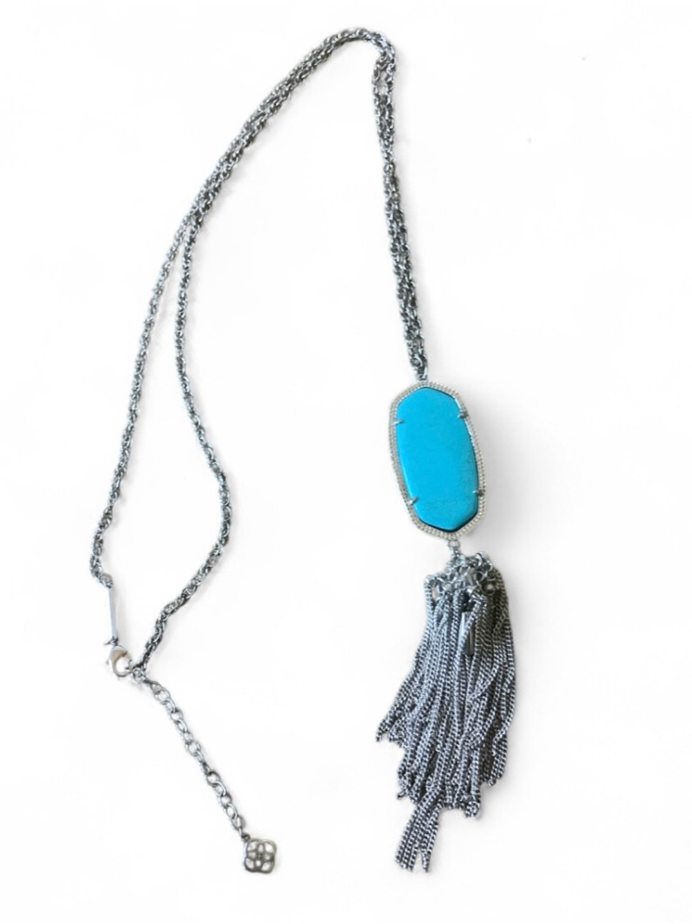 Kendra Scott Rayne Silver Chain Long Necklace Turquoise Pendant with Tassel